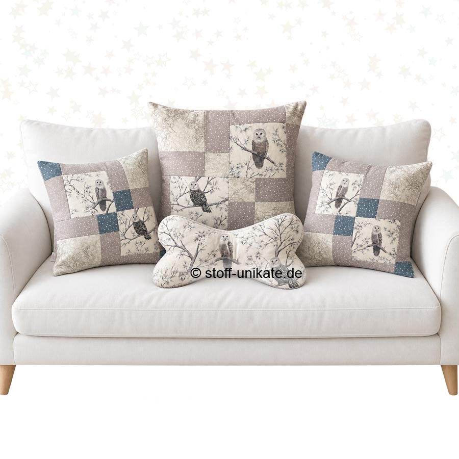 Deko-Kissen Serie Schnee-Eulen. Stoff-Unikate handmade in Germany