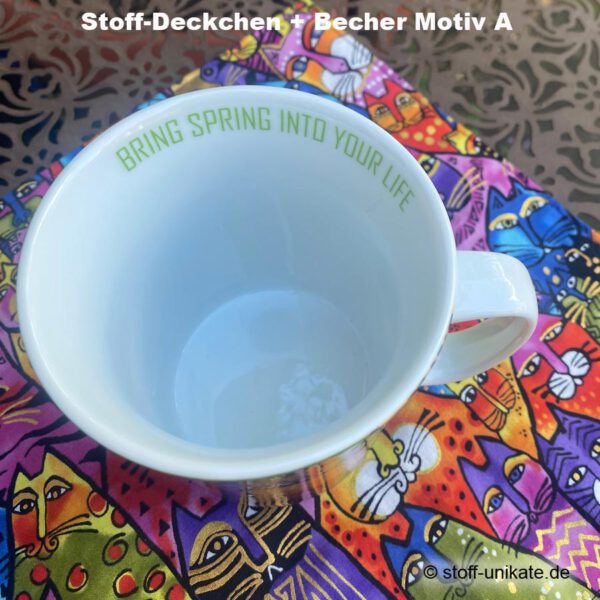 Porzellanbecher von Laurel Burch als Geschenkset mit Stoffdeckchen. Stoff-Unikate handmade in Germany