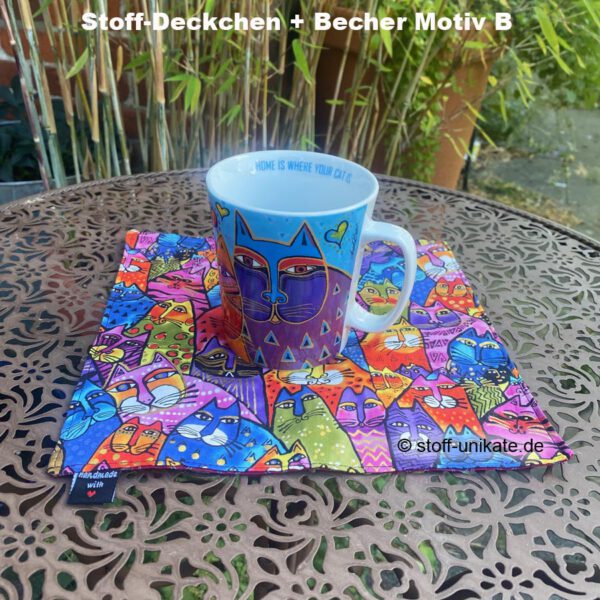 B-Geschenkset bestehend aus Porzellanbecher und Stoffdeckchen. Stoff-Unikate handmade in Germany