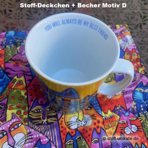 D_Porzellanbecher von Laurel Burch mit bunten Katzen. Stoff-Unkkate handmade in Germany