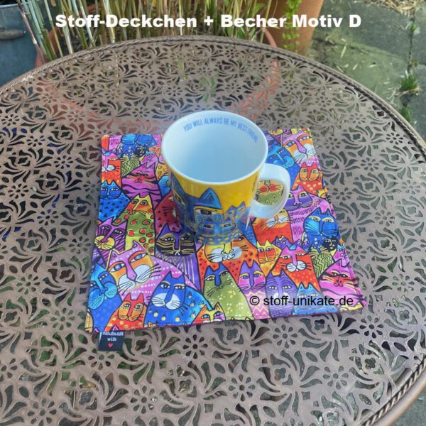 D_Geschenkset bestehend aus Porzellanbecher und Stoff-deckchen mit bunten Katzen von Laurel Burch. Stoff_unikate handmade in Germany