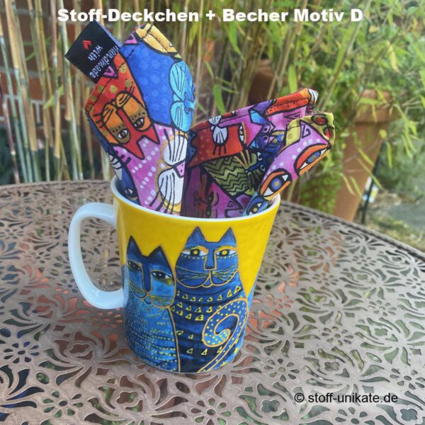 D_Rückseite der Porzellantasse mit bunten Katzen. Stoff-Unikate handmade in Germany