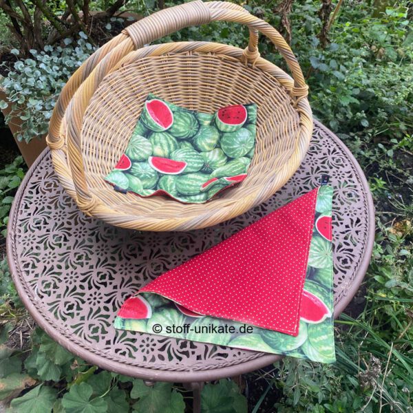 Stoff-Deckchen, Brotkorbdeckchen mit Meolonen-Motiven. Stoff-Unikate handmade in Germany