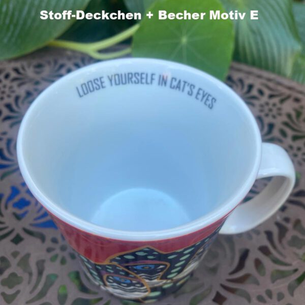 E_Porzellanbecher von Laurel Burch mit bunten Katzen. Stoff-Unikate handmade in Germany