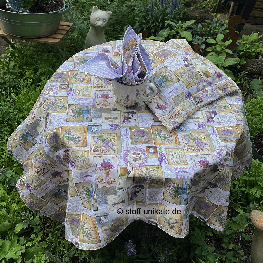 Geschenk-Set Petite Provence bestehend wahlweise aus großer Tischdecke, Stoff-Deckchen, Duft-Kissen mit Porzellantasse. Stoff-Unikate handmade in Germany
