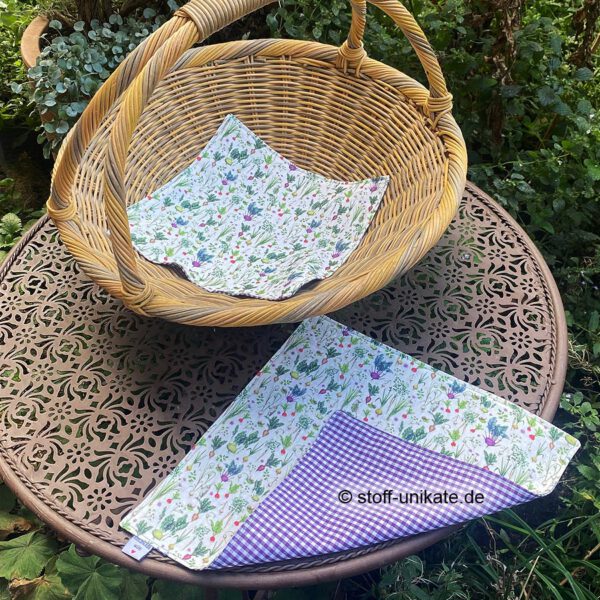 Stoffdeckchen mit Gemüsemotiven genäht aus hochwertigen Baumwollstoffen von acufactum. Stoff-Unikate handmade in Germany