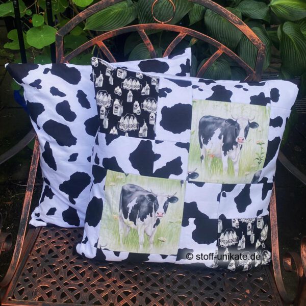 Patchworkisssen, Dekokissen mit Kuhmotiven in schwarz-weiß. Stoff-Unikate handmade in Germany