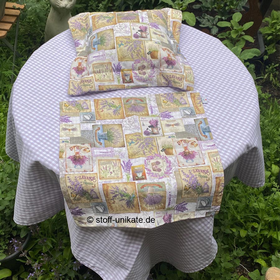 Geschenkset bestehend aus wahlweise Duftkissen, Tischdecke, Stoffdeckchen mit Tasse. Stoff-Unikate handmade in Germany