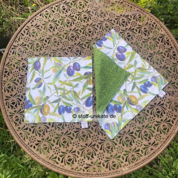 Stoffdeckchen, Brotkorbdeckchen mit Olivenmotiven. Stoff-Unikate handmade in germany