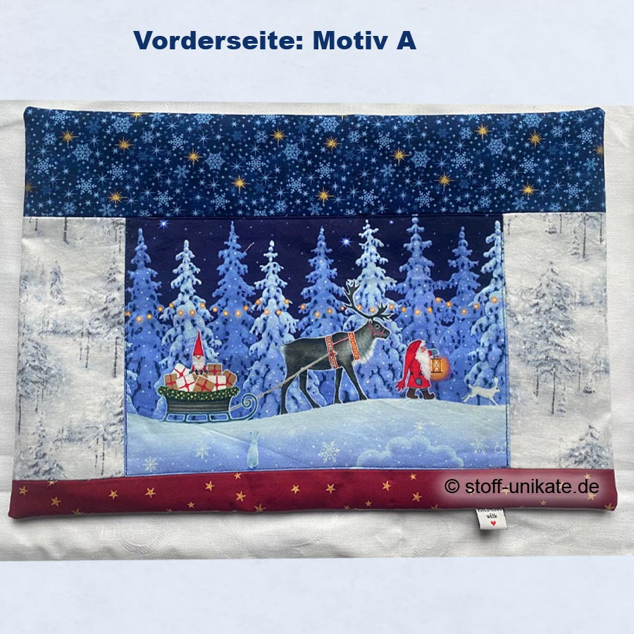 Tischset Motiv A mit Weihnachtswichtel und Rentier. Stoff-Unikate handmade in Germany