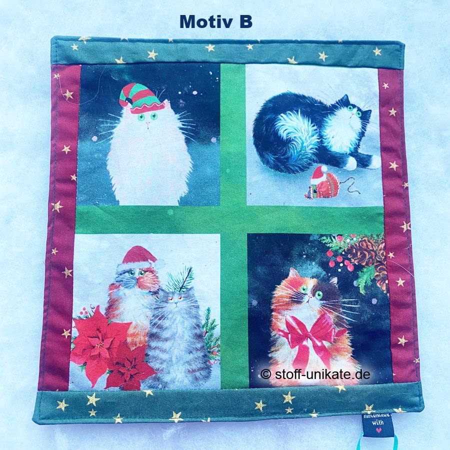 B_stoffdeckchen mit Weihnachtskatzenmotiven. Stoff-Unikate handmade in Germany