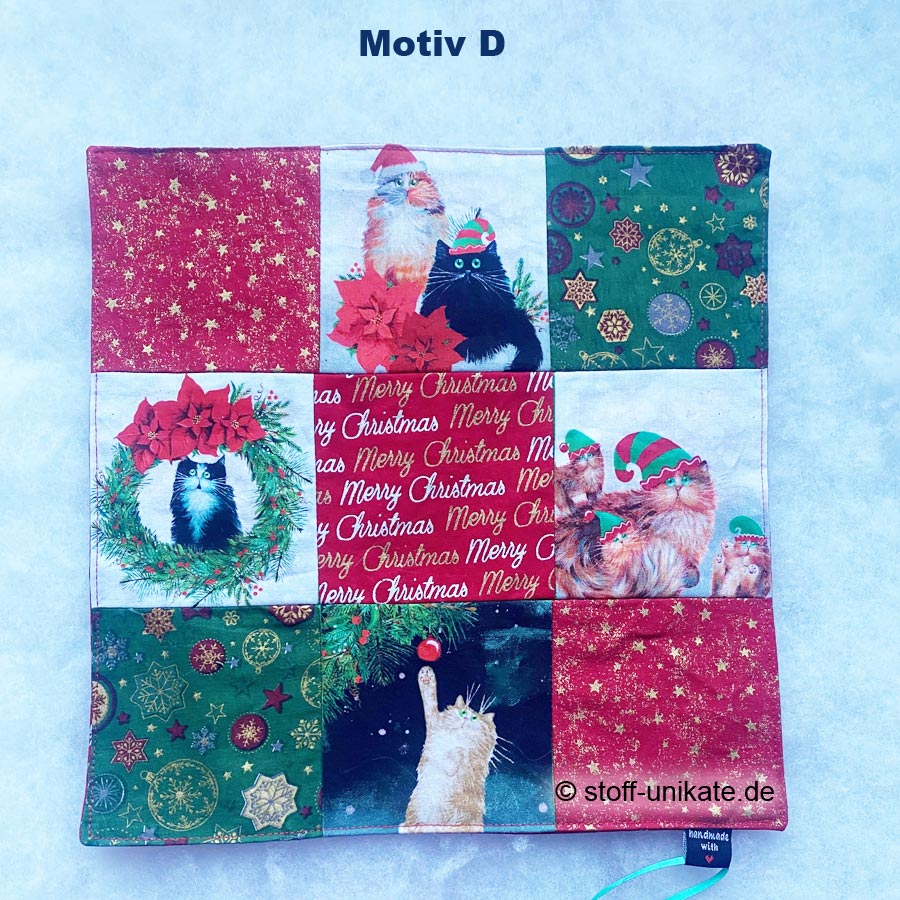 D_Patchworkdeckchen mit weihnachtlichen Katzenmotiven. Stoff-Unikate handmade in germany
