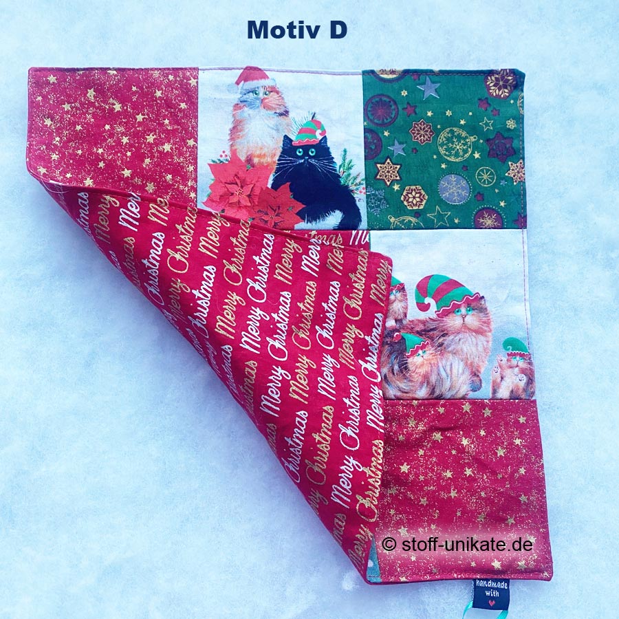 D_Patchworkdeckchen mit Schrift und Katzenmotiven. Stoff-Unikate handmade in germany