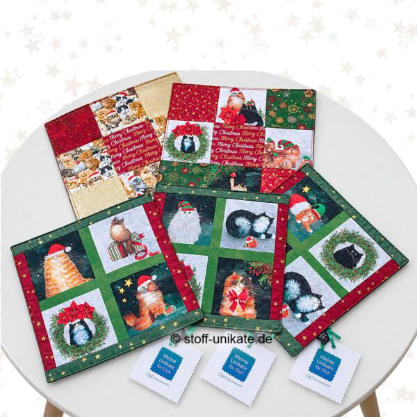 Tischsets mit weihnachtlichen Katzenmotiven "Kitty christmas". Stoff-Unikate handmade in Germany