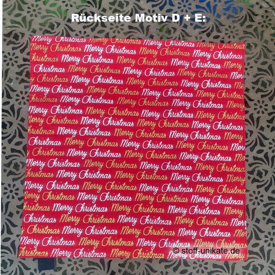 Rückseite mit Schriftzug Marry Christmas von den Patchwork-Deckchen Motiv D und E. Stoff-Unikate handmade in Germany