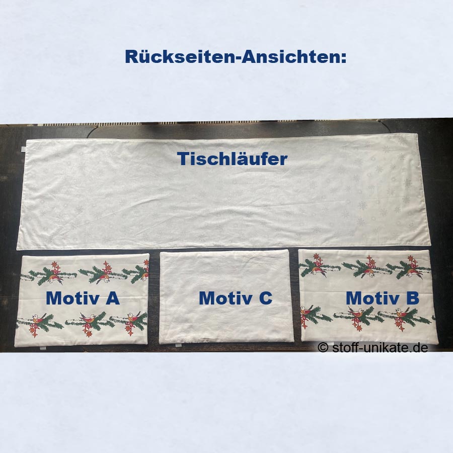 Rückseitenansicht vom Tischläufer und den 3 Tischsets. Stoff-Unikate handmade in Germany