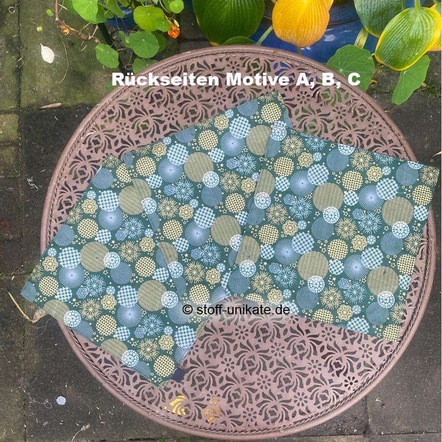Rückseitenansicht der Stoffdeckchen mit Weihnachtskatzen-Stoff-Unikate handmade in germany
