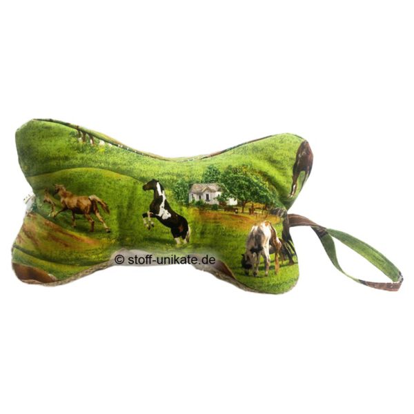 Leseknochen mit Pferden auf der Wiese. Stoff-unikate handmade in germany