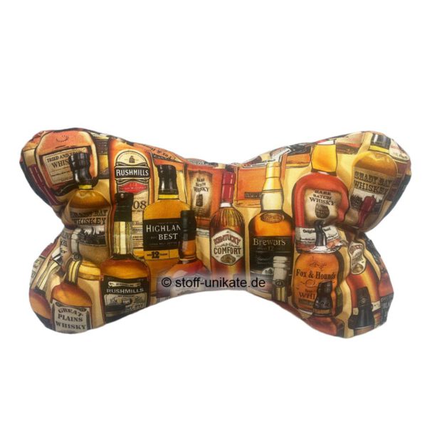Nackenkissen, Leseknochen mit Wiskey-Flaschen. Stoff-Unikate handmade in germany
