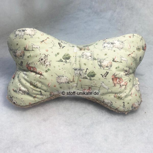 Leseknochen, Nackenkissen mit Ziegenmotiven und Teddyplüsch. Stoff-Unikate handmade in Germany