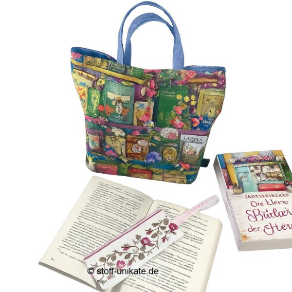 Büchertasche und Lesezeichen mit Gartenmotiven. Stoff-Unikate handmade in germany