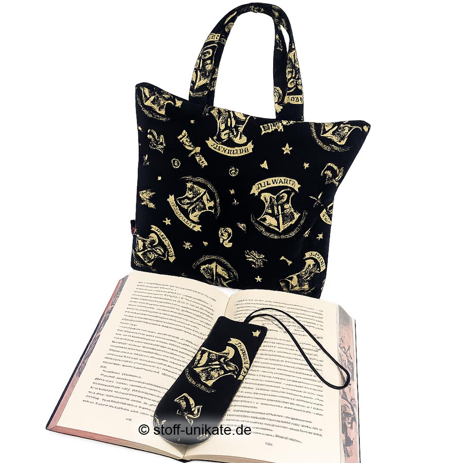 Büchertasche mit Lesezeichen Hogwartszeichen. Harry Potter. Stoff-Unikate handmade in germany
