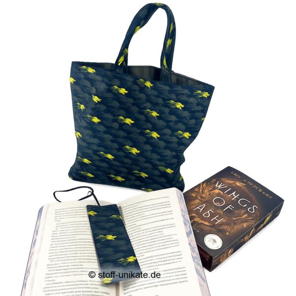 Feuerdrachen, Buchtasche mit Lesezeichen. Stoff-Unikate handmade in germany