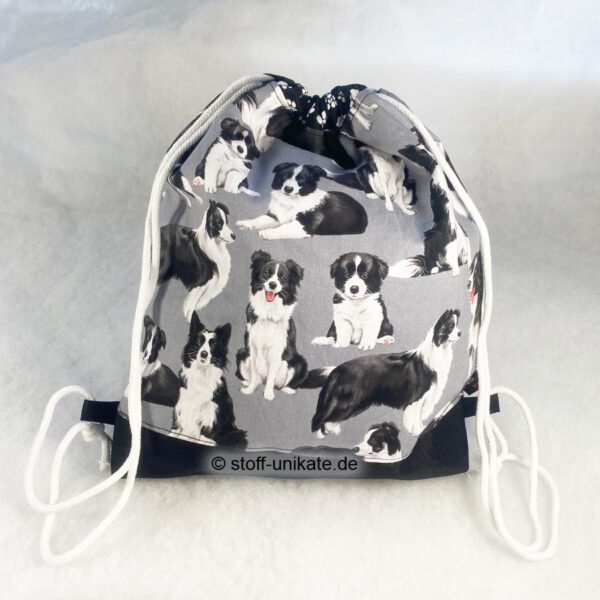 Kinderturnbeutel mit Border Collie Motiven in schwarz-grau-weiß. Stoff-Unikate handmade in germany