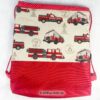 Kinderturnbeutel mit Feuerwehrautos in beige und rot. Stoff-Unikate handmade in germany