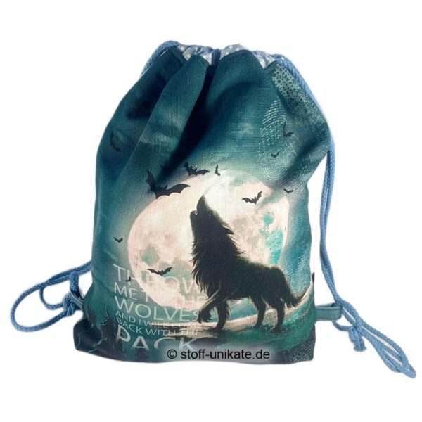 Turnbeutel für Kinder mit Wolfsmotiven. Stoff-Unikate handmade in Germany