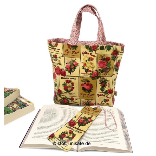 Büchetasche und Lesezeichen mit Rosenmotiven. Stoff-Unikate handmde in Germany