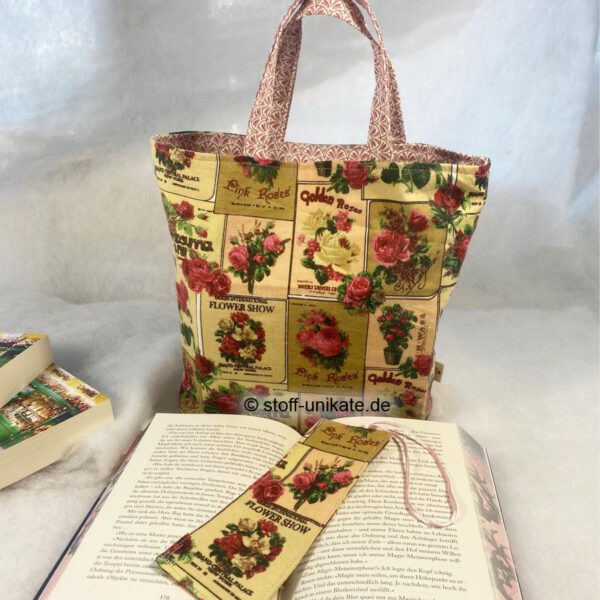 Buchtasche und Lesezeichen mit blumemotiven. Stoff-Unikate handmade in Germany