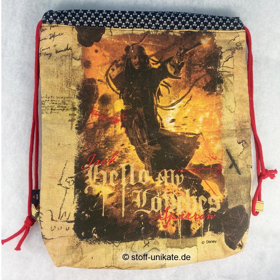 Turnbeutel für Kinder mit Fluch der Karibik Motiven. Captain Jack Sparrow genäht aus Baumwollstoffen. Stoff-Unikate handmade in germany