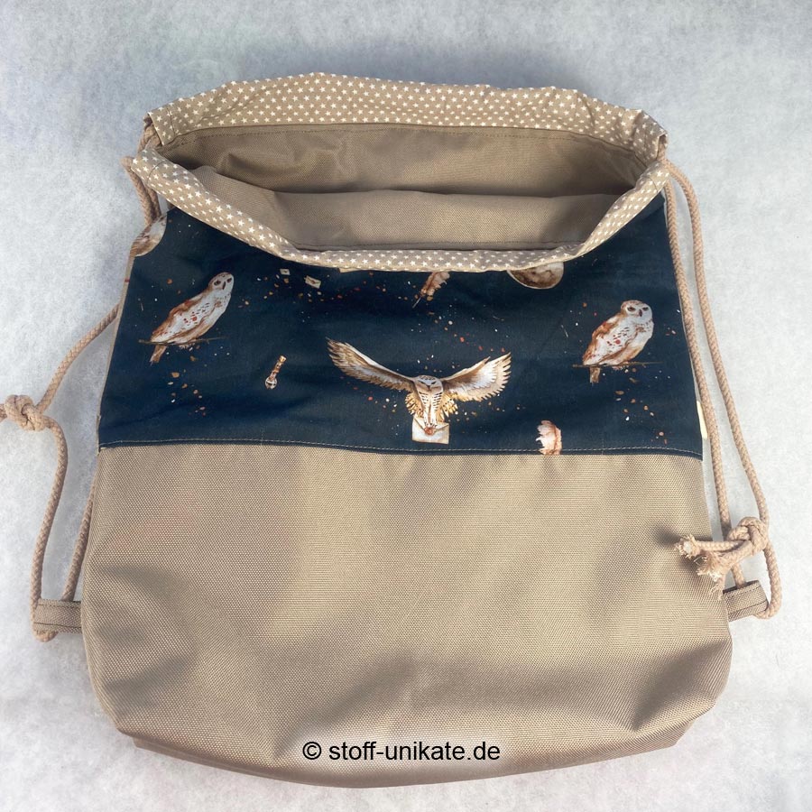 Innenansicht vom Kinderturnbeutel Eule Hedwig. Stoff-Unikate handmade in Germany