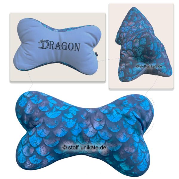 Leseknochen mit Drachenschuppen und Schrift Dragon. Stoff-UNikate handmade in germany