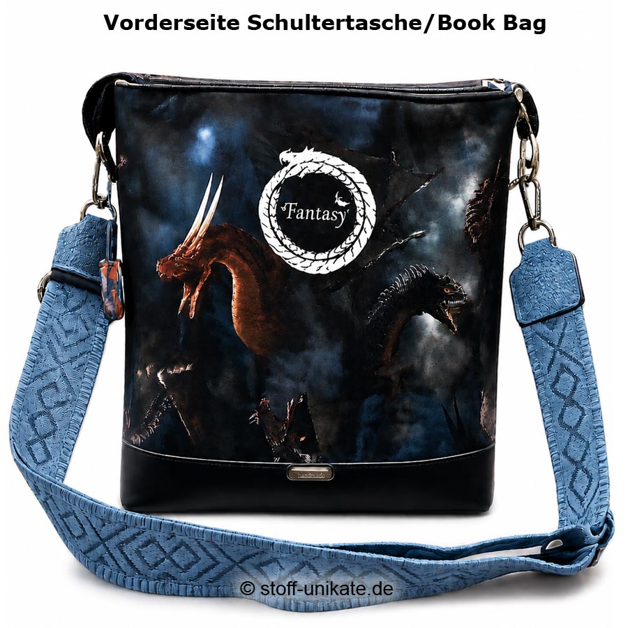 Schultertasche Wings of Ash mit Drachenmotiven. Stoff-Unikate handmade in germany