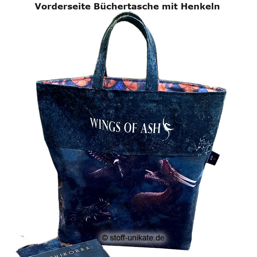 Vorderseite Büchertasche mit Henkeln Wings of Ash. Stoff-Unkate handmade in germany