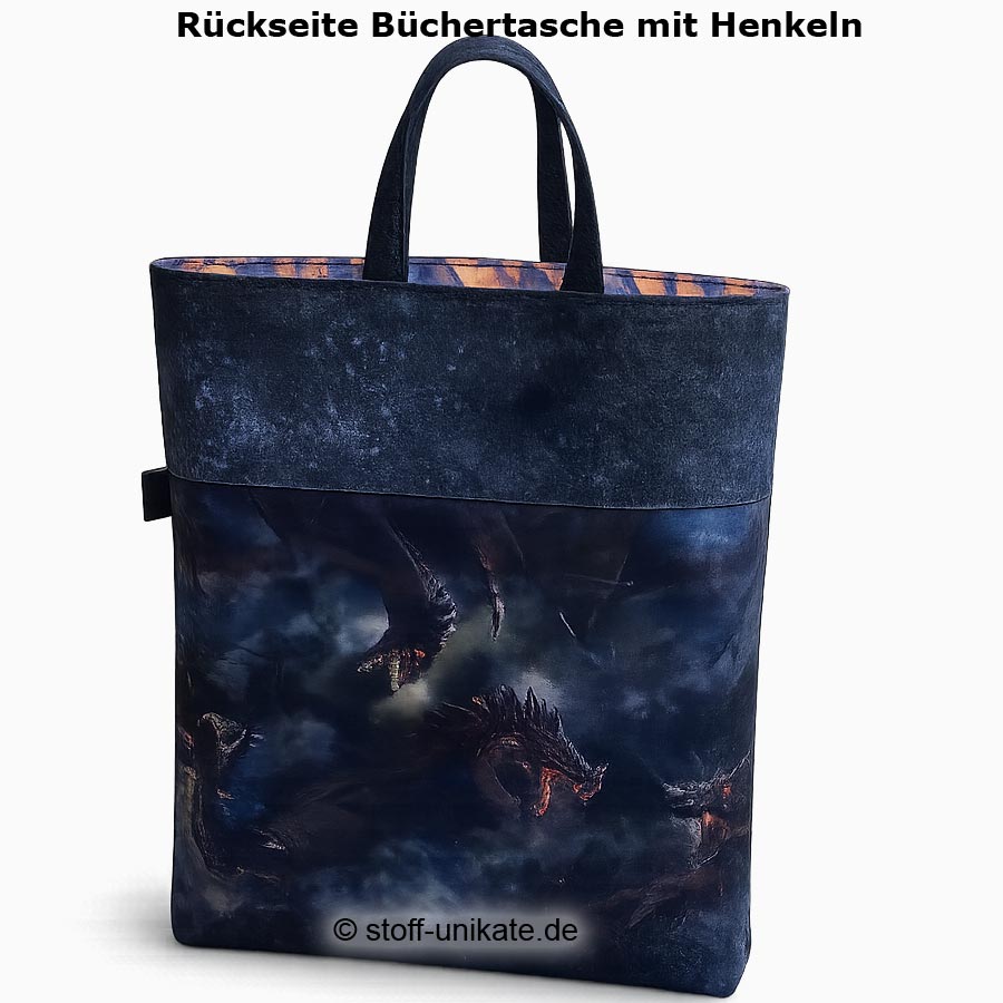 Rückseite der Büchertasche Wings of Ash. Stoff-Unikate handmade in Germany