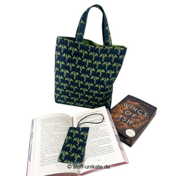 Little Dragons - büchertasche mit Lesezeichen aus Stoff- Stoff-Unikate handmade in Germany