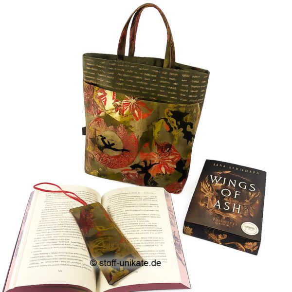 Mystic Dragon A - Büchertasche mit Lesezeichen mit Drachenmotiven. Stoff-Unikate handmade in Germany