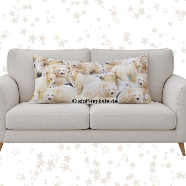 Großes Deko-Kissen 40 x 80 cm mit Eisbären und Teddyplüsch in Creme-weiß. Stoff-Unikate handmade in germany