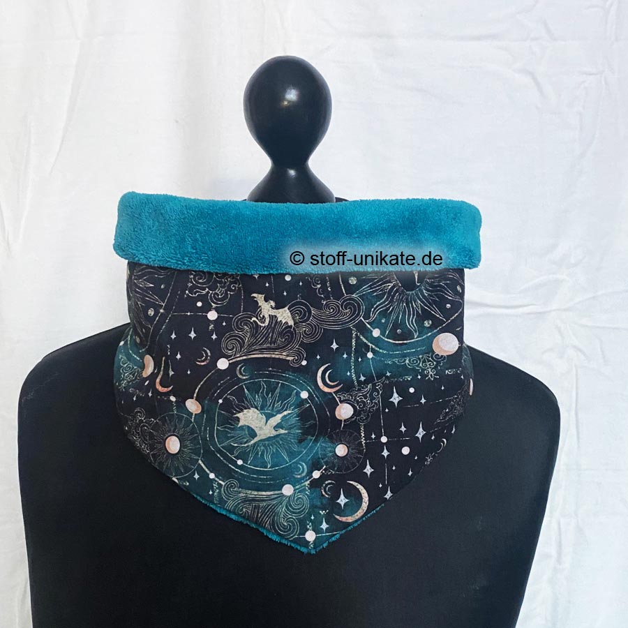 Halstuch-Loop, Wendeloop mit fliegenden Drachenmotiven aus Baumwolle und Fleecestoff. Stoff-Unikate handmade in Germany