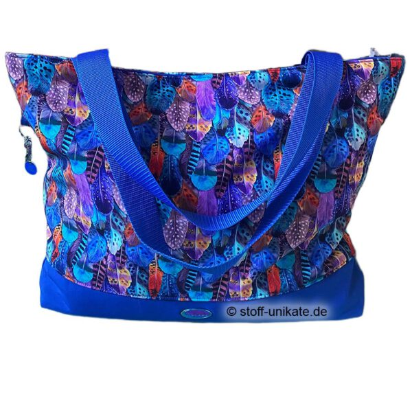 XXL-Shopper, große Tasche mit bunten Federn, genäht aus wasserabweisendem Softshell-Stoff. Exklusive Stoff-Unikate handmade in Germany